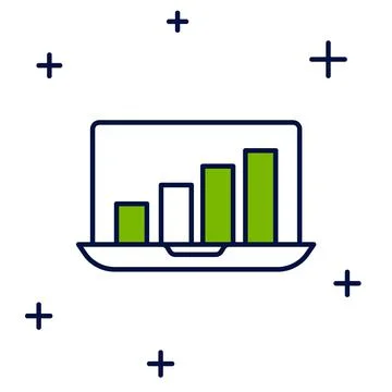 Filled outline Laptop with graph chart icon isolated on white background. Rep Stock Illustration