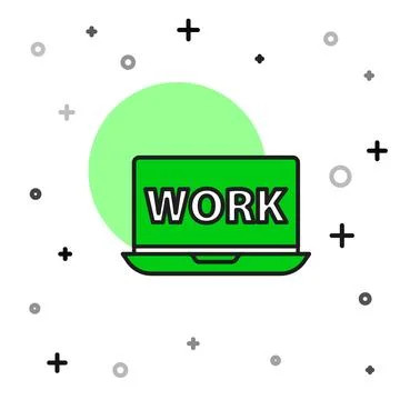 Filled outline Laptop with text work icon isolated on white background.  Vect Stock Illustration