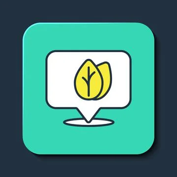 Filled outline Location pin with leaf inside icon isolated on blue background Stock Illustration
