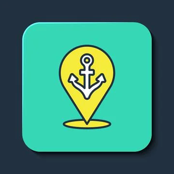 Filled outline Map pointer with anchor icon isolated on blue background Stock Illustration