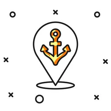 Filled outline Map pointer with anchor icon isolated on white background. F.. Stock Illustration