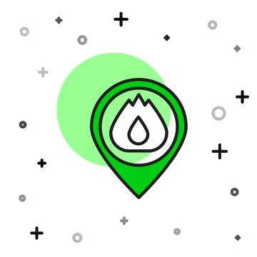 Filled outline Map pointer with fire flame icon isolated on white background Stock Illustration