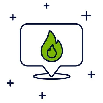 Filled outline Map pointer with fire flame icon isolated on white background. Stockillustratie