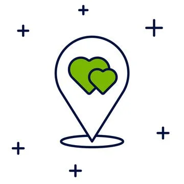 Filled outline Map pointer with heart icon isolated on white background. Vale Stock Illustration