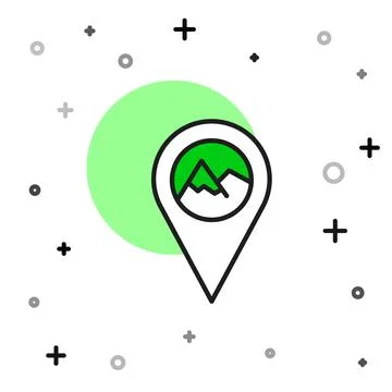 Filled outline Map pointer with mountain icon isolated on white background. M 스톡 일러스트