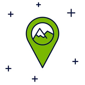 Filled outline Map pointer with mountain icon isolated on white background. M Illustrazione stock