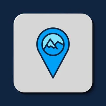 Filled outline Map pointer with mountain icon isolated on blue background Stock Illustration