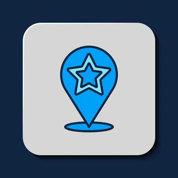 Filled outline Map pointer with star icon isolated on blue background. Star Illustrazione stock