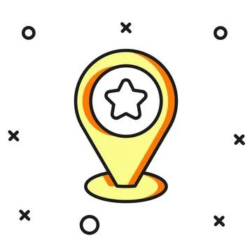 Filled outline Map pointer with star icon isolated on white background. Sta.. Illustrazione stock