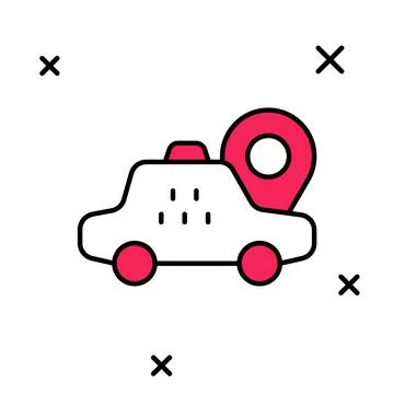 Filled outline Map pointer with taxi car icon isolated on white background Stockillustratie