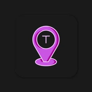 Filled outline Map pointer with taxi car icon isolated on black background... Stock Illustration