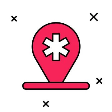 Filled outline Medical map pointer with cross hospital icon isolated on white Stockillustratie