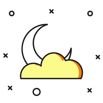 Filled outline Moon and stars icon isolated on white background. Cloudy nig.. Illustrazione stock