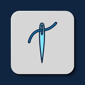 Filled outline Needle for sewing with thread icon isolated on blue background Illustrazione stock