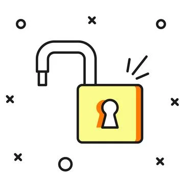 Filled outline Open padlock icon isolated on white background. Opened lock .. Illustrazione stock