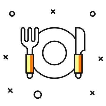 Filled outline Plate, fork and knife icon isolated on white background. Cut.. Stockillustratie