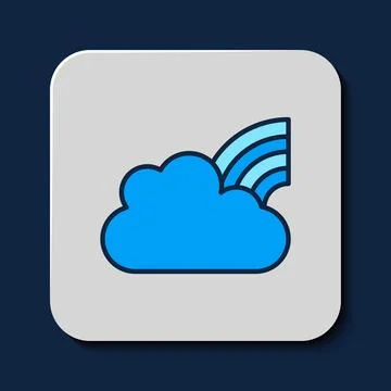 Filled outline Rainbow with clouds icon isolated on blue background. Vector Illustrazione stock