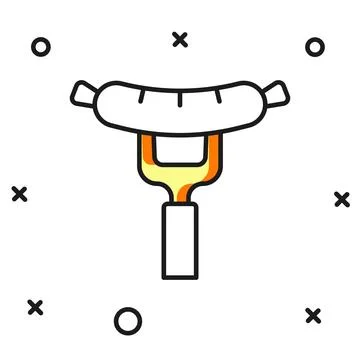 Filled outline Sausage on the fork icon isolated on white background. Grill.. Stock Illustration