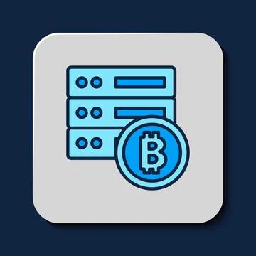 Filled outline Server bitcoin icon isolated on blue background.  Vector 스톡 일러스트