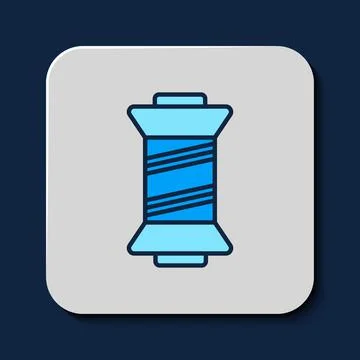 Filled outline Sewing thread on spool icon isolated on blue background. Yarn Illustrazione stock