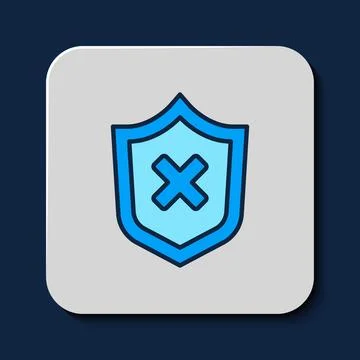 Filled outline Shield with cross mark icon isolated on blue background. Shield Illustrazione stock