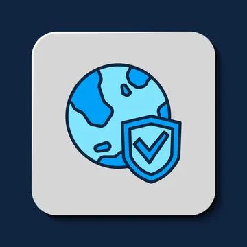 Filled outline Shield with world globe icon isolated on blue background Stock Illustration
