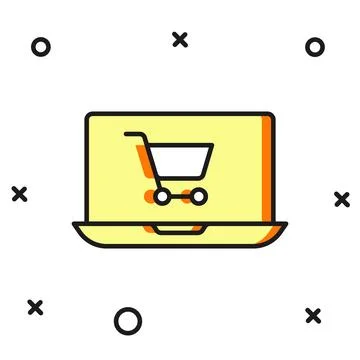 Filled outline Shopping cart on screen laptop icon isolated on white backgr.. Illustrazione stock