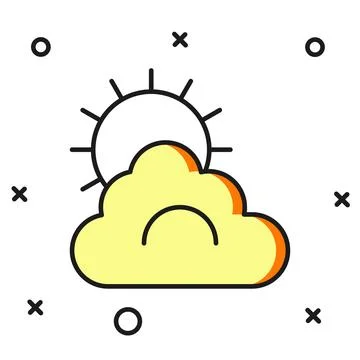 Filled outline Sun and cloud weather icon isolated on white background. Fla.. Illustrazione stock