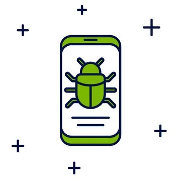 Filled outline System bug on mobile icon isolated on white background. Code.. Illustrazione stock