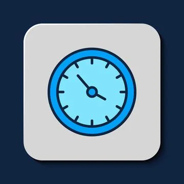 Filled outline Train station clock icon isolated on blue background. Vector Stock Illustration
