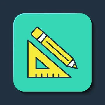 Filled outline Triangular ruler and pencil icon isolated on blue background Illustrazione stock