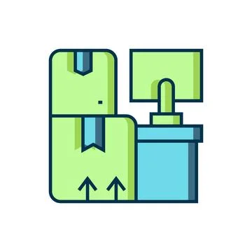 Filled outline Warehouse interior with boxes on racks icon isolated on whit.. Stock Illustration