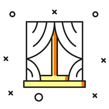 Filled outline Window with curtains in the room icon isolated on white back.. Stock Illustration