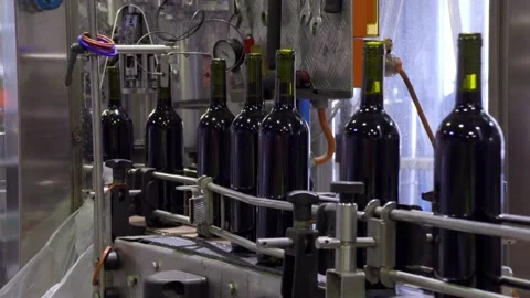 Filled red wine bottles on an automated coveyer belt in South Australia Stock Footage 131308791