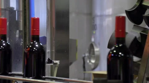 Filled red wine bottles on an automated coveyer belt in South Australia Stock Footage 131308979