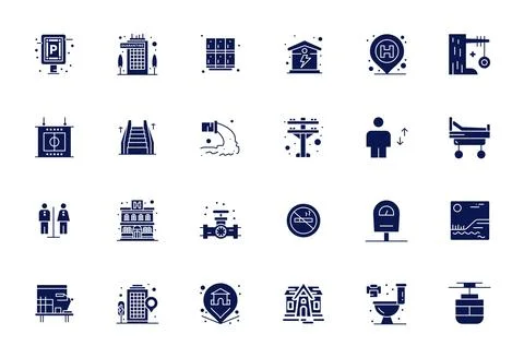 Filled Style Facility Vector Icons with 24 64x64 Detail Enhanced Designs Stock Illustration