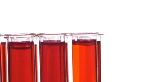 Filled test tubes with red liquid on a turntable Video stock 64287640