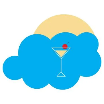 Filled triangular cocktail glass with a cherry on a background of blue cloud and Stock Illustration