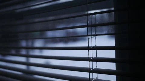 Filler Shot - Staring Through Blurry Winter Blinds at Snow Covered Landscape Stock Footage 329804536