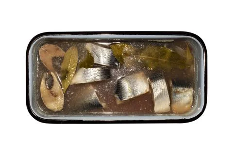 Fillet of salted herring in a container on a white background. Stock Photos