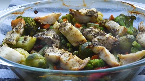 Fillet of sea fish is on a pair, mashed root vegetables and boiled, healthy Stock Footage 126320647