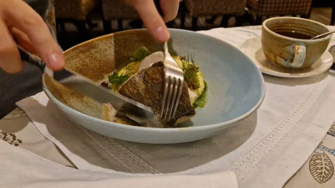 Fillet of white fish and mashed potatoes. Restaurant Stock Footage 245971438