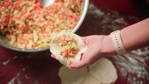Filling and folding dumpling wrapper by hand Stock Footage 297873758