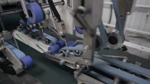Filling and packaging tape in the printing house finished products move along Stock Footage 158386992