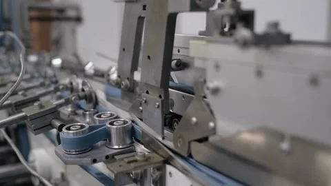 Filling and packaging tape in the printing house finished products move along Stock Footage 158387090