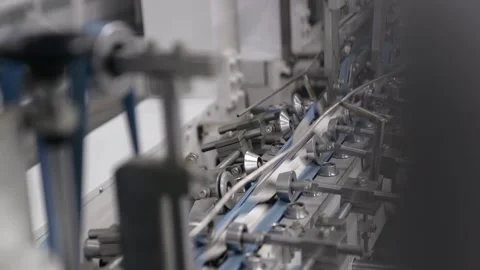 Filling and packaging tape in the printing house finished products move along Stock Footage 158387165