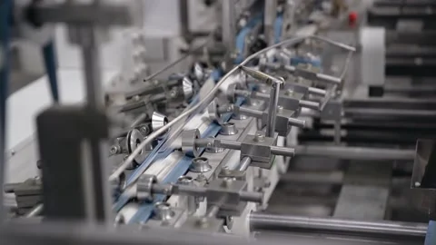 Filling and packaging tape in the printing house finished products move along Stock Footage 158387202