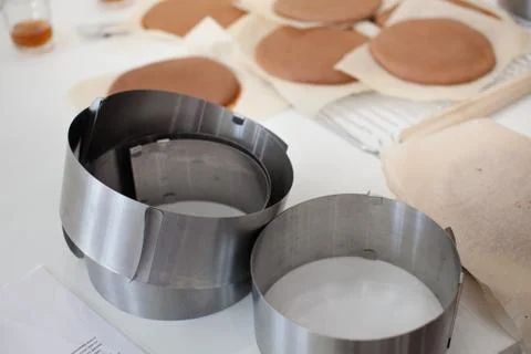 Filling and Stacking Layers. Making Cake. Stock Photos