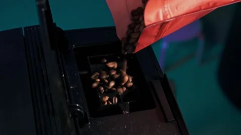 Filling bean hopper of automatic coffee machine Stock Footage 160160164