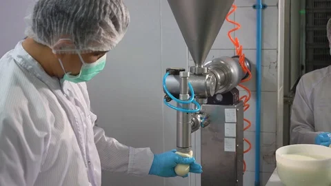 Filling cheeses in the process of making cheese in factory Stock Footage 129928100